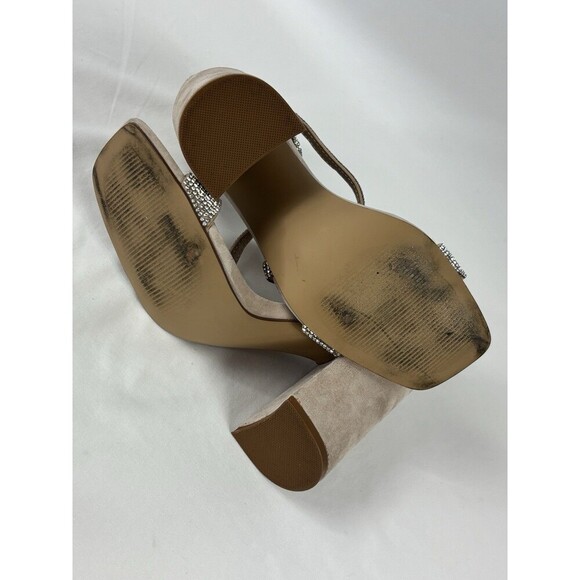 Steve Madden Varali Nude Sandals 7.5 Rhinestone Block Heel Suede - Picture 8 of 9